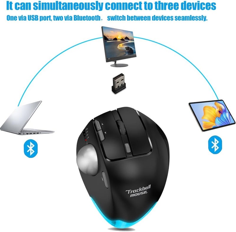 ZELOTES Trackball Mouse,Rechargeable Wireless Bluetooth Mouse,4800 DPI (5-Level Adjustable), Dual Mode (BT 5.0/3.0 + 2.4G USB Receiver),LED Lighting,Ergonomic Design,for Laptop, PC, Pad (Black) - Image 5